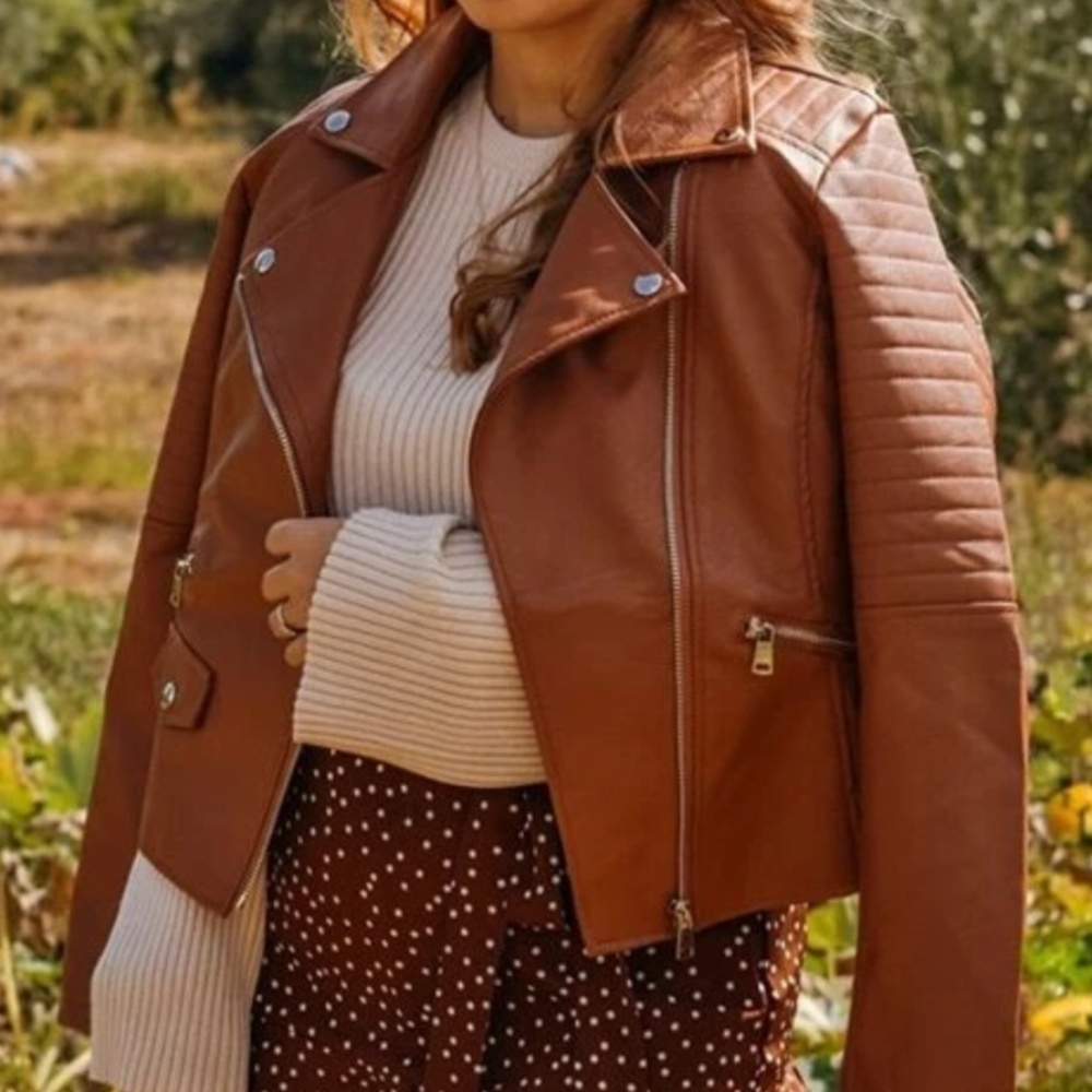 Luxe Vegan Leather Camel Zip up Moto Biker Jacket - Picture 1 of 10